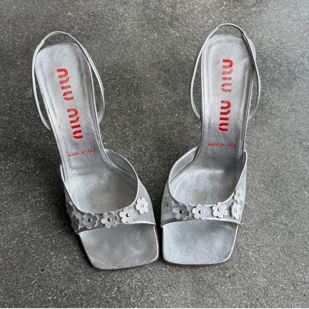Miu Miu Silver Metallic Floral Heels
